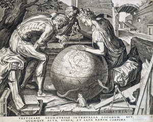 Postacie pochylone nad kulą ziemską z comppas (alegoria geometrii) - grawerowanie, Flandria autorstwa Flemish School