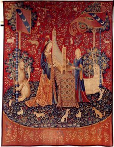 Kurtyna Pani Jednorożca (Pani Jednorożca): słyszenie. Gobelin z wełny i jedwabiu wykonany w latach 1484-1500. Z Chateau de Boussac, Creuse. Ciemny. 3,7x4,7m. Paryż, Narodowe Muzeum Średniowiecza, Thermes de Cluny autorstwa Flemish School