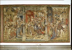 Syn Dawida Amnon i Absalom wypowiadają sobie wojnę, gobelin Dawida i Batszeby, ok. 1510-15 autorstwa Flemish School