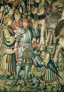 Szczegół przedstawiający uzbrojonego Uriasza Hetytę ze zbioru Jeźdźcy, z arrasu Dawid i Batszeba, ok. 1510-15 (zob. też 98092) autorstwa Flemish School