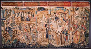 Flamandzki gobelin. Seria Historia Teby (De geschiedenis van Thebe-La Historia de Tebas): Tidio i Polinezy (Tideus en Polineikes, Tidio y Polineces). ok. 1490-1500. autorstwa Flemish School