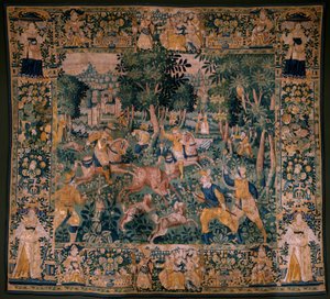 Flamandzki gobelin. Polowanie na jelenie (Polowanie na jelenie). Atelier Oudenaarde. 295x331cm. Inw. (82941)-1 / PRYWATNE. XVII wiek. autorstwa Flemish School