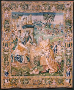 Flamandzki gobelin. Aleksander otrzymuje koronę (Aleksander otrzymuje koronę). Atelier Oudenaarde. 384x316cm. Inw (83024)-5 / 00009. XVII wiek. autorstwa Flemish School