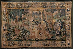 Flamandzki gobelin. Krajobraz z pergolą i dużymi bestiami, z 2 kolumnami. Atelier Oudenaarde. 319x508cm. Inw 0023. XVII wiek. autorstwa Flemish School