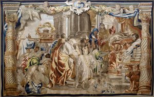Flamandzki gobelin. Seria Apoteoza Eucharystii. Ofiara Prawa Mojżeszowego (Sacrificio de la Ley Mosaica). Model Cartoon skopiowany z oryginału przez Rubensa. Produkcja brukselska. Producent Frans van den Hecke. Połowa XVII wieku. Tkanina Jedwab i wełna, autorstwa Flemish School