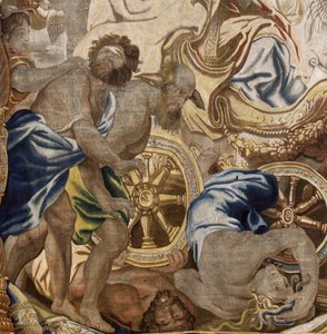 Flamandzki gobelin. Seria Apoteoza Eucharystii. Triumf Kościoła (Triunfo de la Iglesia). Model Cartoon skopiowany z oryginału przez Rubensa. Produkcja brukselska. Producent Frans van den Hecke. Połowa XVII wieku. Tkanina Jedwab i wełna, osnowa 7/8 autorstwa Flemish School