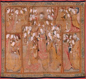 Flamandzki gobelin. Seria Nabożeństwo do Matki Bożej czyli Złote płótna. Koronacja Dziewicy (La Coronación de la Virgen). Czwarty gobelin w serii. Rysownik modelowy z kręgu Colyna de Cotera. Manufaktura Pieter van Aelst, Bruksela. Około 1500-15 autorstwa Flemish School
