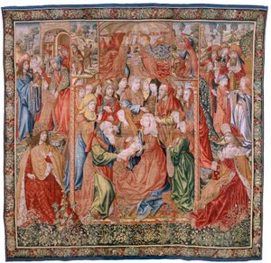 Flamandzki gobelin. Odcinki serialu z życia Dziewicy; Prezentacja w świątyni (Presentación en el Templo). Drugi gobelin w serii. Modele przypisane Janowi van Roome (lub van Brussel). Manufaktura Pieter van Aelst, Bruksela. ok. 1502-1504. autorstwa Flemish School