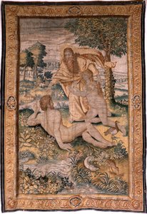 Flamandzki gobelin. Seria Genesis lub The Creation Man. Bóg stwarza kobietę i przedstawia ją Adamowi (Dios crea a la mujer y la presenta a Adán). Model oparty na Michielu Coxcie. Fabryka Jan Aerst w Brukseli. Około 1630. Tkanina Jedwab i wełna. autorstwa Flemish School