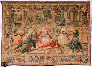 Flamandzki gobelin. Seria Mark Anthony i Kleopatra. Kleopatra i jej dwór (Kleopatra en su corte). Model Cartoon przypisywany Pieterowi Coecke van Aelst. Produkcja Bruksela(?). Druga połowa XVI wieku. Tkanina Jedwab i wełna. Rozmiar 310 x 435 cm. Początek autorstwa Flemish School