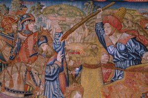 Flamandzki gobelin. Seria Moralność: Cnota zaszczytów (De deugd van de Honores, Cnota zaszczytów). Około 1520. Szczegóły autorstwa Flemish School