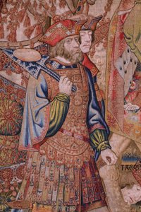 Flamandzki gobelin. Seria Moralność: Cnota zaszczytów (De deugd van de Honores, Cnota zaszczytów). Około 1520. Szczegóły autorstwa Flemish School