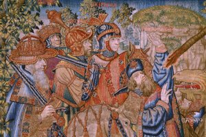 Flamandzki gobelin. Seria Moralność: Cnota zaszczytów (De deugd van de Honores, Cnota zaszczytów). Około 1520. Szczegóły autorstwa Flemish School