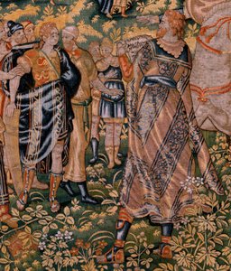 Flamandzki gobelin. Seria Historia Cyrusa. Żaden II Astyages nie rozpoznaje Cyrusa (Ciro reconocido por Astiages). Anonimowy, na podstawie Michiela Coxcie. Atelier Antwerpia. Jedwab i wełna. ok. 1590 r. autorstwa Flemish School