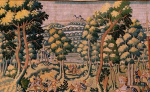 Flamandzki gobelin. Seria Historia Cyrusa. Żaden II Astyages nie rozpoznaje Cyrusa (Ciro reconocido por Astiages). Anonimowy, na podstawie Michiela Coxcie. Atelier Antwerpia. Jedwab i wełna. ok. 1590 r. autorstwa Flemish School