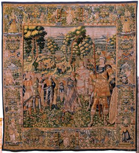 Flamandzki gobelin. Seria Historia Cyrusa. Żaden II Astyages nie rozpoznaje Cyrusa (Ciro reconocido por Astiages). Anonimowy, na podstawie Michiela Coxcie. Atelier Antwerpia. Jedwab i wełna. ok. 1590 r. autorstwa Flemish School