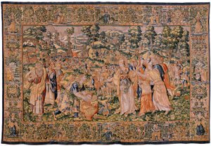 Flamandzki gobelin. Seria Historia Cyrusa. Nr VI Tomyris nakazuje zanurzenie głowy Cyrusa w naczyniu z krwią (Tomiris manda sumergir la cabeza de Ciro en un receivere leno de sangre). Anonimowy, na podstawie Michiela Coxcie. Atelier Antwerpia. Jedwab i woo autorstwa Flemish School