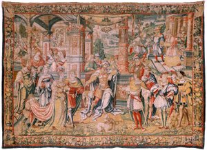 Flamandzki gobelin. Seria Historia Dawida. Dawid przed Saulem (David ante Saúl). Model autorstwa Bernarda van Orleya. Produkcja Bruksela. Ca1525. Tkanina Jedwab i wełna. Rozmiar 560 x 410 cm. Lokalizacja Katedra w Burgos. Pochodzenie Zapis w katedrze w 153 autorstwa Flemish School