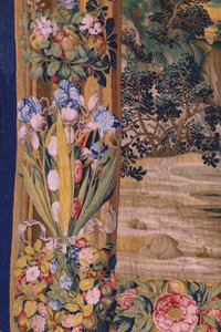 Flamandzki gobelin. Seria Apokalipsa: Święty Michał pokonujący smoka. Atelier Willem Dermoyen, Bruksela. Około 1553-1555. Szczegół. autorstwa Flemish School
