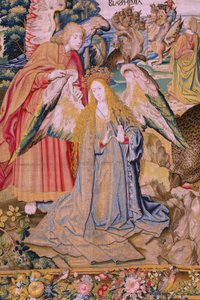 Flamandzki gobelin. Seria Apokalipsa: Święty Michał pokonujący smoka. Atelier Willem Dermoyen, Bruksela. Około 1553-1555. Szczegół. autorstwa Flemish School