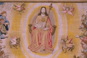 Flamandzki gobelin. Seria Apokalipsa: Święty Michał pokonujący smoka. Atelier Willem Dermoyen, Bruksela. Około 1553-1555. Szczegół. autorstwa Flemish School
