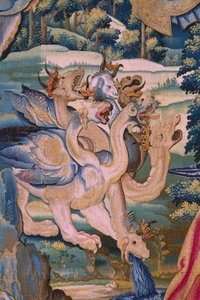 Flamandzki gobelin. Seria Apokalipsa: Święty Michał pokonujący smoka. Atelier Willem Dermoyen, Bruksela. Około 1553-1555. Szczegół. autorstwa Flemish School