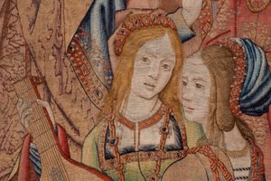 Flamandzki gobelin. Seria Historia Dawida i Batszeby. Prorok Natan upomina króla Dawida (El profeta Natán reprende a David). Trzeci panel serii. Model Anonimowy. Producent nieznany, Bruksela. 1505. Tkanina Złoto, jedwab i wełna. autorstwa Flemish School