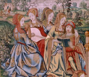 Flamandzki gobelin. Seria Historia Dawida i Batszeby. Batseba w swojej kąpieli (Betsabé en el bano sorprendida por David). Pierwszy panel serii. Model Anonimowy. Nieznana produkcja, Bruksela autorstwa Flemish School