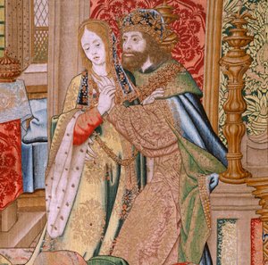 Flamandzki gobelin. Seria Historia Dawida i Batszeby. Małżeństwo Dawida i Batszeby (Casamiento de David y Betsabé). Drugi panel serii. Model Anonimowy. Producent nieznany, Bruksela. 1505. Tkanina Złoto, jedwab i wełna. autorstwa Flemish School
