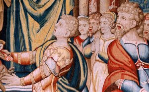 Flamandzki gobelin. Seria Historia Hannibala. Przysięga Hannibala (Juramento de Aníbal). Pierwszy gobelin z serii. Bajki anonimowego mistrza Holandii. Produkcja w Brukseli, warsztat. Około 1570. Tkanina Wełna i jedwab, 6,5/7 osnowy na cm. Rozmiar 34 autorstwa Flemish School