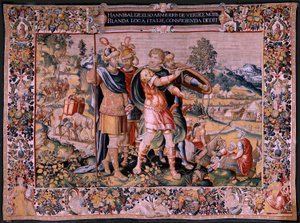 Flamandzki gobelin. Seria Historia Hannibala. Przeprawa przez Alpy (Paso de los Alpes). Drugi gobelin z zachowanych. Modele Anonimowy mistrz Holandii. Produkcja w Brukseli, warsztat. Około 1570. Tkanina Wełna i jedwab, 6,5/7 osnów per autorstwa Flemish School