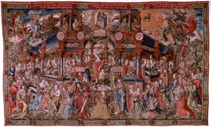 Flamandzki gobelin. Seria Honory. Cnota (La Virtu, El Vicio). Ósmy gobelin z serii. Wzorcowi rysownicy z kręgu Bernarda van Orleya i Jana Gossaerta (Mabuse). Manufaktura Pieter van Aelst, Bruksela. ok. 1550. Tkanina Złoto, srebro, jedwab a autorstwa Flemish School
