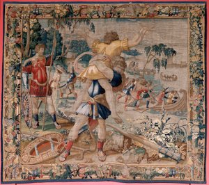 Flamandzki gobelin. Seria Prac Herkulesa. Herkules i Anteusz (Hércules y Anteo). Czwarty gobelin z zachowanej serii. ; Model nieznany. Manufaktura Willem Dermoyen, Bruksela. Około 1528. Tkanina Jedwab i wełna. Rozmiar 362 x 403 cm. Lokalizacja Pałac Królew autorstwa Flemish School