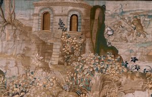 Flamandzki gobelin. Seria Prac Herkulesa. Hercules chwyta Cerberusa (Hércules captura a Cancerbero). Szósty gobelin z zachowanej serii. Model nieznany. Manufaktura Willem Dermoyen, Bruksela. Ca1528. Tkanina Jedwab i wełna. Rozmiar 345 x 390 cm. Lokalizacja autorstwa Flemish School