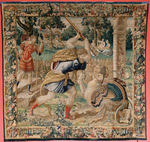 Flamandzki gobelin. Seria Prac Herkulesa. Herkules w Ogrodzie Hesperydów (Hércules en el jardín de las Hesperides). Piąty gobelin z istniejącej serii. Model nieznany. Manufaktura Willem Dermoyen, Bruksela. Około 1528. Tkanina Jedwab i wełna. autorstwa Flemish School