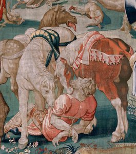 Flamandzki gobelin. Seria Prac Herkulesa. Konie Diomedesa (Los caballos de Diomedes). Trzeci gobelin z istniejącej serii. Model nieznany. Manufaktura Willem Dermoyen, Bruksela. Ca1528. Tkanina Jedwab i wełna. Rozmiar 350 x 400 cm. Lokalizacja Royal autorstwa Flemish School