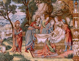 Flamandzki gobelin. Seria Męka Chrystusa. Zejście z krzyża (Descendimiento). Druga seria gobelinów Męki Pańskiej należąca do Patrimonio Nacional. Wzorcowi rysownicy z kręgu Jana van Roome. Produkcja Pieter va autorstwa Flemish School