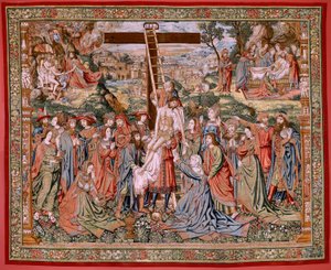 Flamandzki gobelin. Seria Męka Chrystusa. Zejście z krzyża (Descendimiento). Druga seria gobelinów Męki Pańskiej należąca do Patrimonio Nacional. Wzorcowi rysownicy z kręgu Jana van Roome. Produkcja Pieter va autorstwa Flemish School