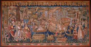 Flamandzki gobelin. Seria Portugalczycy w Indiach: Przybycie do Kalikatu (Od Aankomst w Kalikacie, Llegado de Vasco de Gama do Lizbony). Ca 1510. Kolekcja Caixa Geral de Depósitos, Lizbona. autorstwa Flemish School