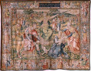 Flamandzki gobelin. Seria Siedem cnót. Sprawiedliwość (La Justicia). Model oparty na Michielu Coxcie. Produkcja Bruksela. Produkcja: Frans Geubels. Około 1560-1570. Tkanina Jedwab i wełna. Rozmiar 330 x 450 cm. Lokalizacja Katedra w Burgos. Pochodzenie Zap autorstwa Flemish School