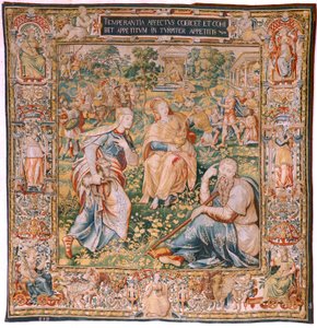 Flamandzki gobelin. Seria Siedem cnót. Wstrzemięźliwość (La Templanza). Model oparty na Michielu Coxcie. Produkcja Bruksela. Produkcja: Frans Geubels. Ca1560-1570. Tkanina Jedwab i wełna. Rozmiar 330 x 320 cm. Lokalizacja Katedra w Burgos. Pochodzenie Zapi autorstwa Flemish School