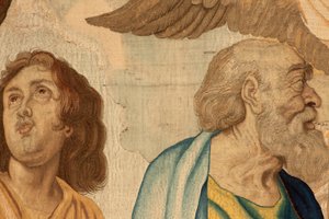 Flamandzki gobelin. Seria Triumf Eucharystii. Czterech ewangelistów (Los cuatro evangelistas). Jedenasty gobelin w serii. Model Peter Paul Rubens. 1626-1628. Manufaktura Jan II Raes, Hans Vervoert, Jacques Fobert, Bruksela autorstwa Flemish School
