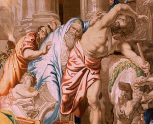 Flamandzki gobelin. Seria Triumf Eucharystii. Zwycięstwo Eucharystii nad ofiarami pogańskimi (Victoria de la Eucaristía sobre los sacificios paganos). Czwarty gobelin w serii. Model Peter Paul Rubens. 1626-1628. Manufaktura Jan II Raes, Jac autorstwa Flemish School