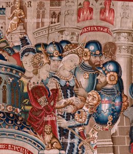 Flamandzki gobelin. Seria Wojna trojańska. Zniszczenie Troi (Destrucción de Troya). Jedenasty gobelin w serii. Mistrz modelu Coëtivy (Henry lub Conrard de Vulcop). Warsztaty produkcji Tournai. Ca 1470. Tkanina Wełna i jedwab, 6/7 osnów na cm. autorstwa Flemish School