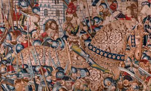 Flamandzki gobelin. Seria Wojna trojańska. Zniszczenie Troi (Destrucción de Troya). Jedenasty gobelin w serii. Mistrz modelu Coëtivy (Henry lub Conrard de Vulcop). Warsztaty produkcji Tournai. Ca 1470. Tkanina Wełna i jedwab, 6/7 osnów na cm. autorstwa Flemish School