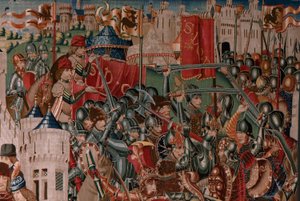 Flamandzki gobelin. Seria nieznana. Historia rzymska? Tarquinius Priscus (Tarquino Prisco). Warsztaty produkcyjne w Brukseli?. Ca 1475. Tkanina Wełna i jedwab, 6 osnów na cm. Pochodzenie Dar hrabiego Alba de Aliste, przybył do katedry w 1608 r. ; Lokalizac autorstwa Flemish School