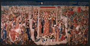 Flamandzki gobelin. Seria nieznana. Historia rzymska? Tarquinius Priscus (Tarquino Prisco). Warsztaty produkcyjne w Brukseli?. Ca 1475. Tkanina Wełna i jedwab, 6 osnów na cm. Pochodzenie Dar hrabiego Alba de Aliste, przybył do katedry w 1608 r. ; Lokalizac autorstwa Flemish School