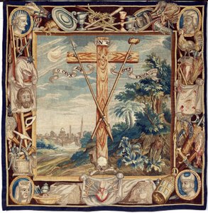 Flamandzki gobelin. Gloryfikacja Krzyża Świętego. XVII wiek. Własność kościoła Sint-Walburgakerk Oudenaarde (Dekenij van de Sint-Walburga). autorstwa Flemish School