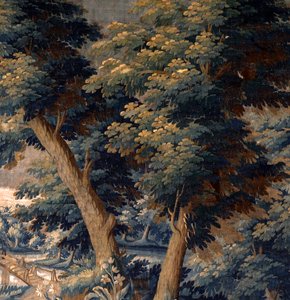 Flamandzki gobelin. wytrzymać. Koniec XVII-początek XVIII wieku. Własność kościoła Sint-Walburgakerk Oudenaarde (Dekenij van de Sint-Walburga). Szczegół. autorstwa Flemish School