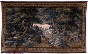 Flamandzki gobelin. wytrzymać. scena miłosna. Oudenaarde. Koniec XVII-początek XVIII wieku. Własność kościoła Sint-Walburgakerk Oudenaarde (Dekenij van de Sint-Walburga). Szczegół autorstwa Flemish School